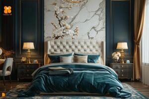 ai genererad elegant sovrum Utsmyckad med lyxig marmor accenter foto