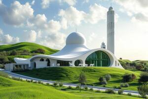 en modern moské inbäddat mitt i de fredlig landsbygden foto