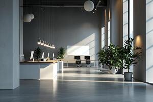ai genererad en samtida minimalistisk kontor, terar minimalistisk arbetsstationer foto