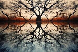 ai genererad en speglad reflexion av en träd i en pöl skapar ett abstrakt mönster. generativ ai foto