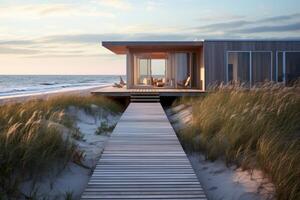 ai genererad avkopplande strand hus flykt med en privat väg ledande till de Strand. generativ ai foto