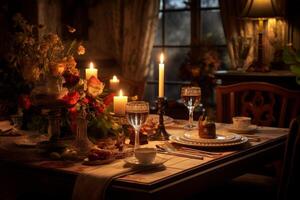 ai genererad stearinljus middag tabell för en romantisk kväll. generativ ai foto