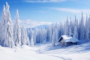 ai genererad snöig skog under en klar vinter- himmel bakgrund med en mysigt stuga. generativ ai foto