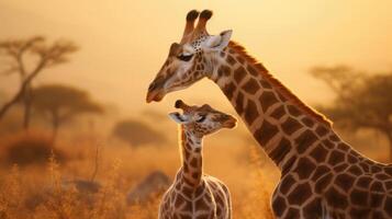 ai genererad en par av giraff stående Nästa till varje Övrig. generativ ai foto