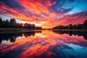 ai genererad lugna flod reflekterande de färger av en vibrerande solnedgång himmel. generativ ai foto