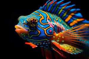 ai genererad en närbild av en vibrerande mandarin fisk med slående färger. generativ ai foto