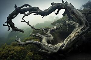 ai genererad ett offbeat perspektiv av en vriden träd gren, antyda på naturens mysterier. generativ ai foto