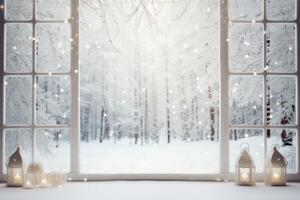 ai genererad fönster med en snöig scen utanför av Det. generativ ai foto