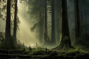 ai genererad mystisk dimma vävning genom höga träd i de skog. generativ ai foto