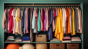 ai genererad en rörigt garderob med kläder sorterad förbi Färg. generativ ai foto