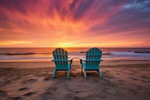 ai genererad strand stolar anordnad för de perfekt soluppgång se. generativ ai foto