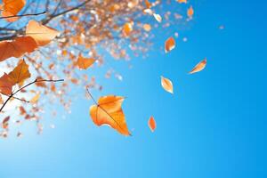 ai genererad en dynamisk skott av löv faller från en träd mot en lysande blå himmel. generativ ai foto