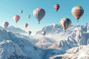 ai genererad spektakulär luft ballonger flyga berg. generera ai foto