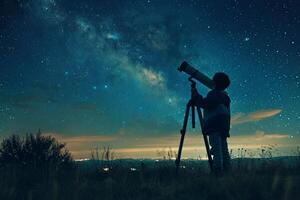 ai genererad frågvis astronom starry barn pojke himmel natt. generera ai foto