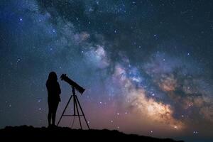 ai genererad nyfiken astronom Lycklig barn starry himmel natt. generera ai foto