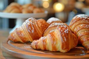 ai genererad fjällig bageri croissant. generera ai foto