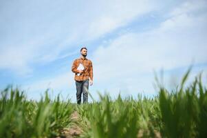 porträtt av jordbrukare stående i fält. foto