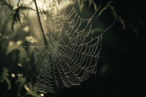 ai genererad delikat balans av ljus och skugga på en spindelns webb. generativ ai foto