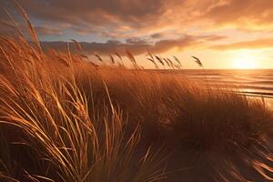 ai genererad gyllene solljus på strand gräs och sanddyner. generativ ai foto