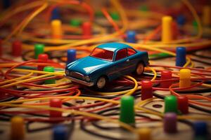 ai genererad en lekfull sammansättning av en leksak bil navigerande en labyrint av färgrik strängar. generativ ai foto