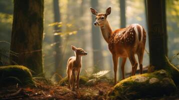 ai genererad en par av rådjur stående Nästa till varje Övrig i en skog. generativ ai foto