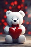 ai genererad söt teddy Björn med röd hjärta foto