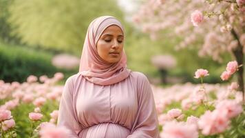 ai genererad skön gravid muslim kvinna i rosa hijab fattande henne mage och Sammanträde i de vår trädgård omgiven förbi blommor och blomning träd. foto