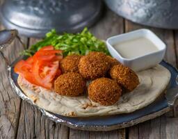 falafel med raita eras i maträtt sida se på trä- tabell bakgrund foto