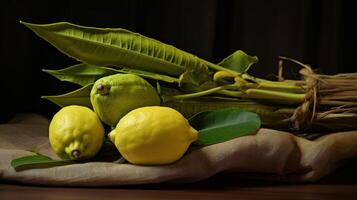 ai genererad en stänga upp av ett etrog och lulav, de symbolisk objekt Begagnade under de böner på sukkot. generativ ai foto