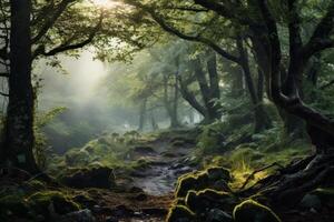 ai genererad mystisk skog landskap höljd i morgon- dimma och lugn. generativ ai foto