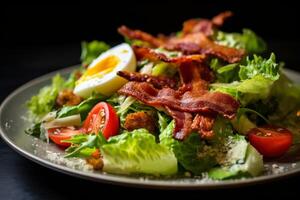 ai genererad Krispig bacon bitar tillsats en härlig knastrande till en sommar sallad. generativ ai foto