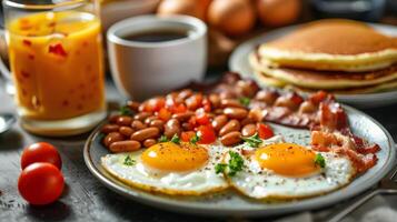 ai genererad tallrik av frukost mat med ägg, bacon, och pannkakor foto