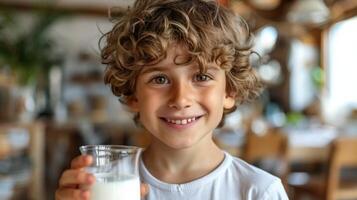 ai genererad ung pojke innehav glas av mjölk foto