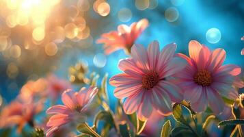 ai genererad fält av rosa blommor med Sol bakgrund foto