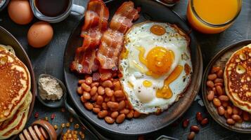 ai genererad tallrik av frukost mat med ägg, bacon, och pannkakor foto