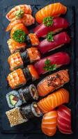 ai genererad blandad sushi tallrik med olika typer av sushi foto