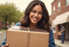 ai genererad en leende kvinna mottar en paket från en leverans person, indikativ av en positiv kund erfarenhet. foto