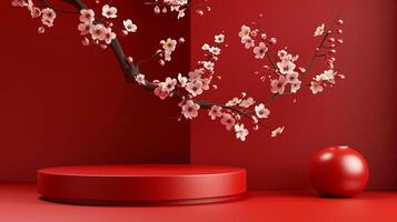 ai genererad ett elegant röd podium design med en blomstrande träd gren foto