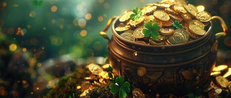 ai genererad en pott full av guld mynt och shamrocks representerar rikedom och tur på st. patricks dag. foto