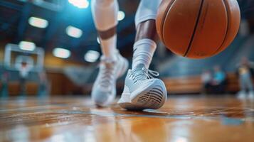 ai genererad en närbild av en basketboll spelare fötter i rörelse på de domstol foto