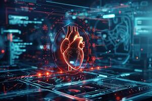 ai genererad en trogen lysande gränssnitt med en digital hjärta illustration representerar Avancerad medicinsk teknologi. foto