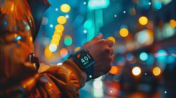 ai genererad närbild av en smart klocka på en personens handled, upplyst förbi de färgrik lampor av en livliga stad på natt. foto
