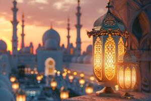 ai genererad islamic eid ramadan bakgrund med moské foto