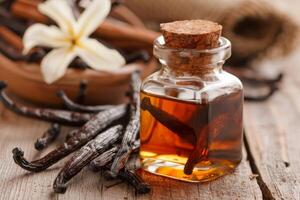 ai genererad vanilj extrahera i en glas flaska med aromatisk skida och kryddor på en rustik trä tabell foto