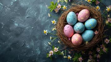 ai genererad fåglar bo med blå och rosa påsk ägg i den omgiven förbi blommor på mörk bakgrund med kopia Plats foto