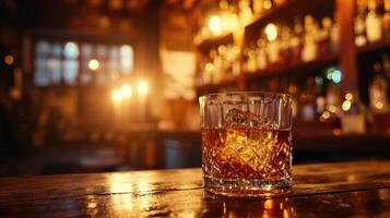 ai genererad glas av whisky med is kuber på en bar disken med suddig bakgrund foto