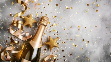 ai genererad en champagne flaska Utsmyckad med konfetti stjärnor och festlig streamers uppsättning mot en vit bakgrund, perfekt för fira ny år, födelsedagar, eller bröllop foto