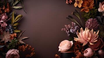 ai genererad tömma Foto ram på en mörk bakgrund med blommor. attrapp i en klassisk stil. naturlig företag mall. ai genererad