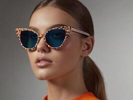 ai genererad porträtt av kvinna bär solglasögon för sommar Semester foto
