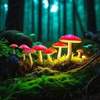 ai genererad lysande små svamp i en mystisk fantasi skog med kopia Plats område foto